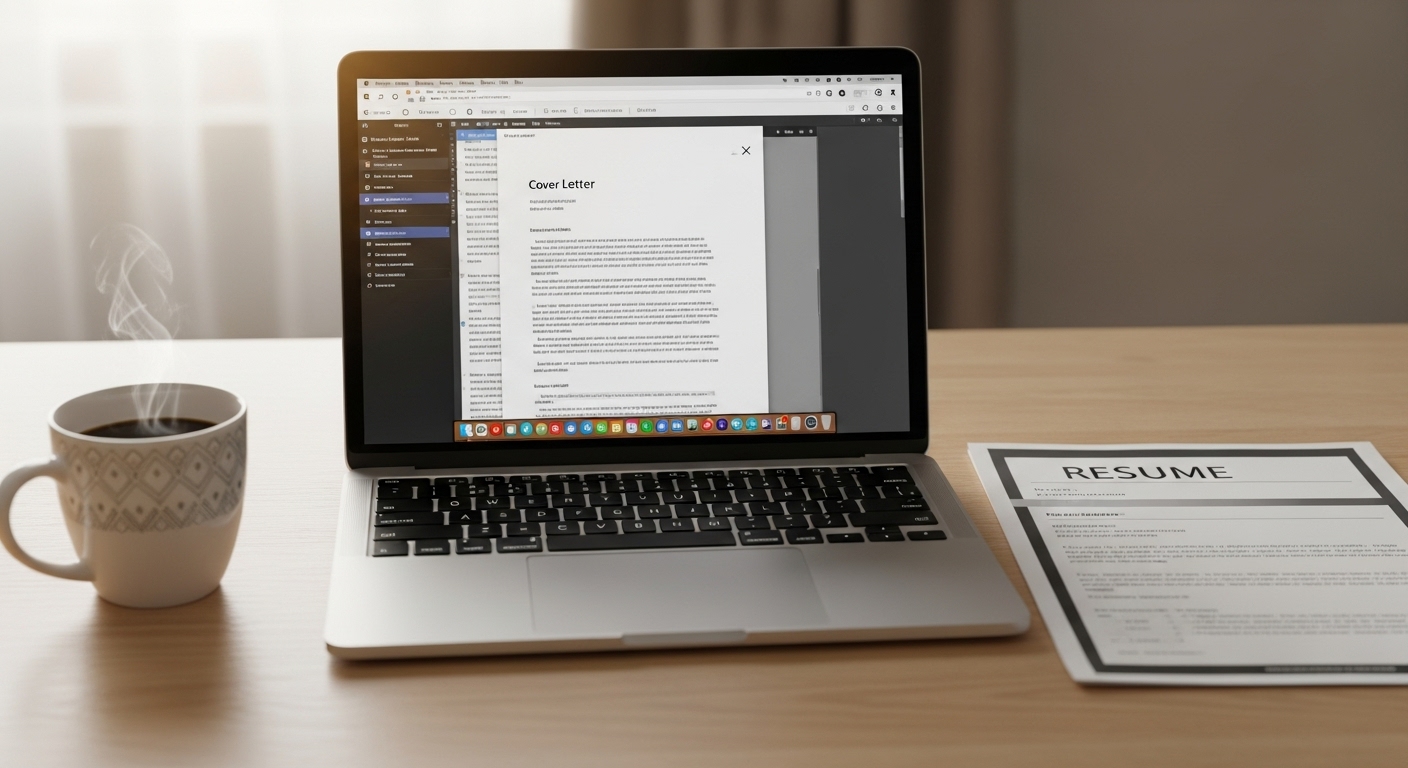 Person writing a cover letter on a laptop beside a printed resume and coffee cup.