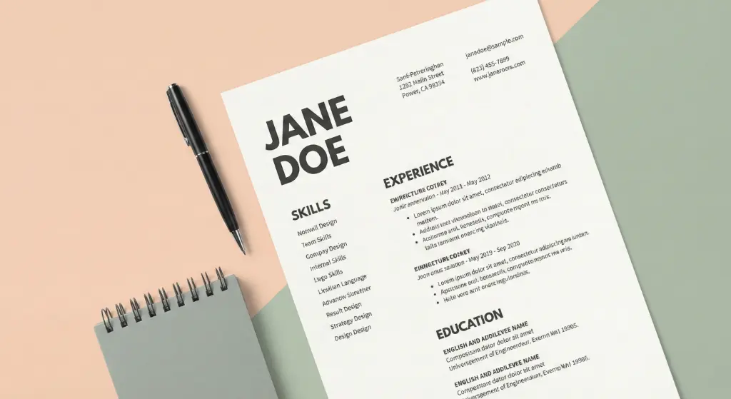 Printed resume with a clean design placed on a colored background with office accessories.