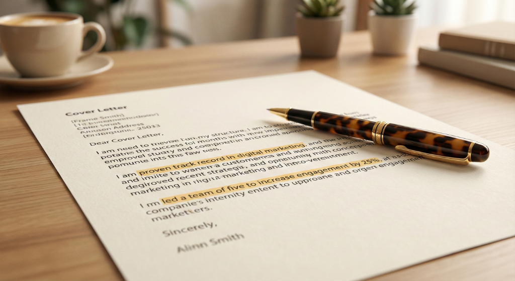 Close-up of a printed cover letter with highlighted sections and a pen on top.