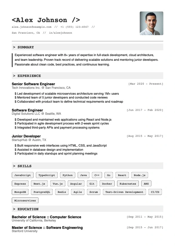 Free Tech Resume Template - Clean, digital, and precise for developers - ATS-friendly professional resume design for job applications